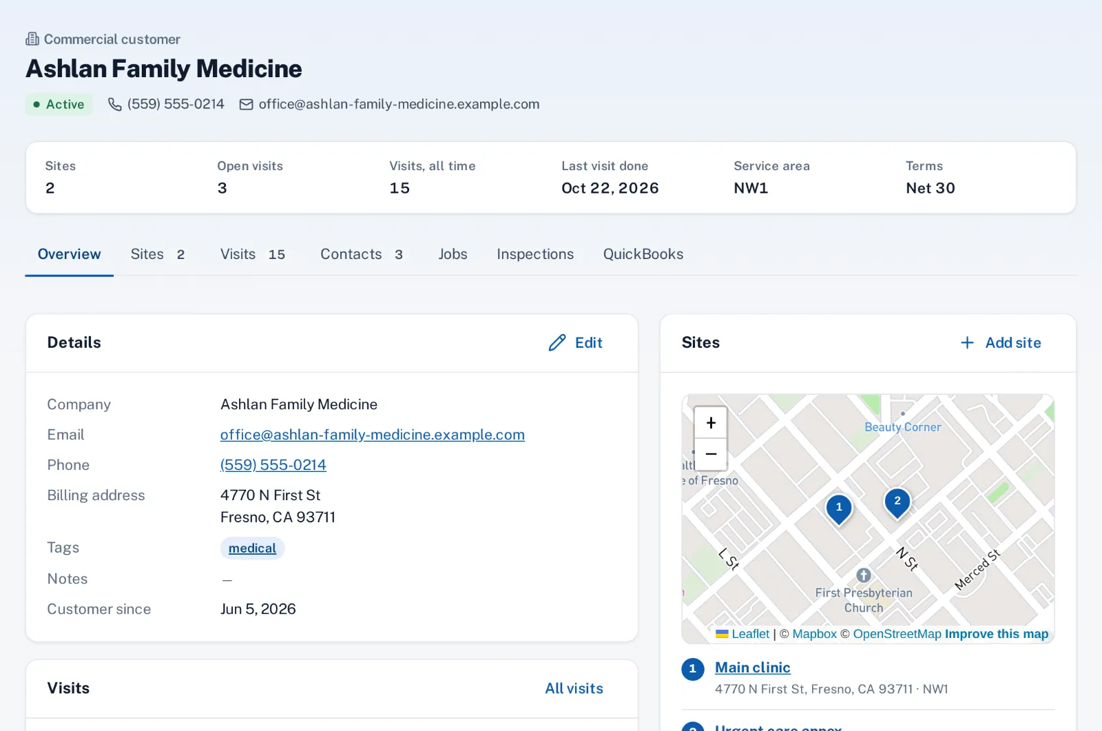Screenshot: a customer page with its sites on a map, recurring jobs and annual value.