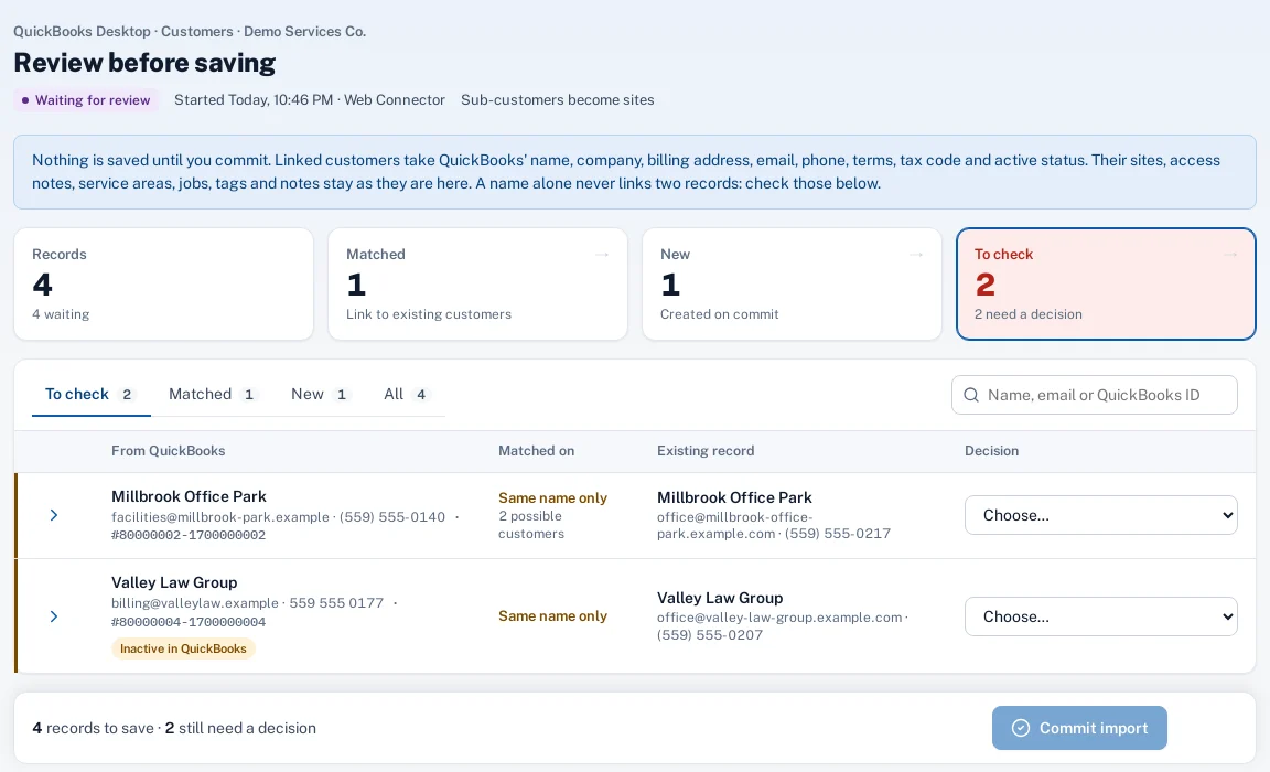 Screenshot: reviewing a QuickBooks customer import, with matched, new and to-check records.