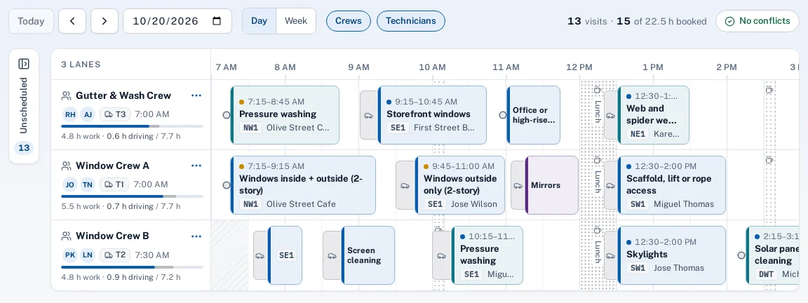 Screenshot: the schedule’s day view with a lane per crew, visits as cards and grey drive-time blocks between them.