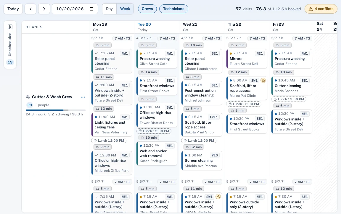 Screenshot: the schedule’s week view with each crew’s visits by day and the unscheduled tray.
