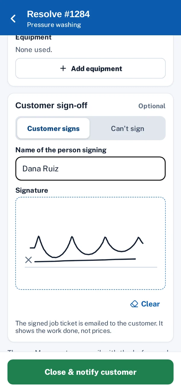 Screenshot: customer sign-off in the crew app, with the signer’s name and a signature on the pad.