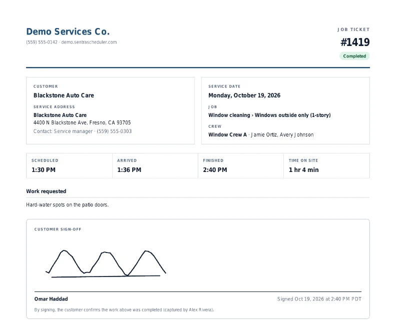 Screenshot: a signed job ticket PDF with the customer, site, crew, times, work done and the customer’s signature.