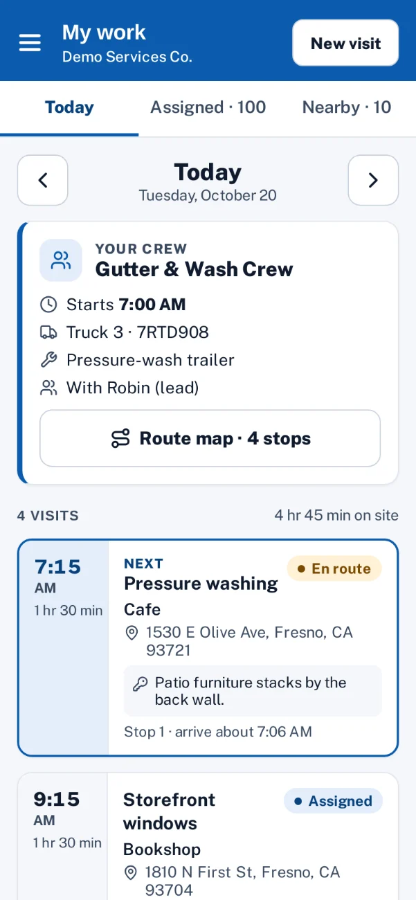 Screenshot: the crew app’s Today screen on a phone with the crew, the truck, the start time and the day’s visits by time.